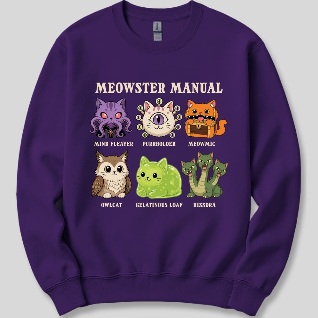 The same Meowster Manual design, on a purple sweatshirt.
