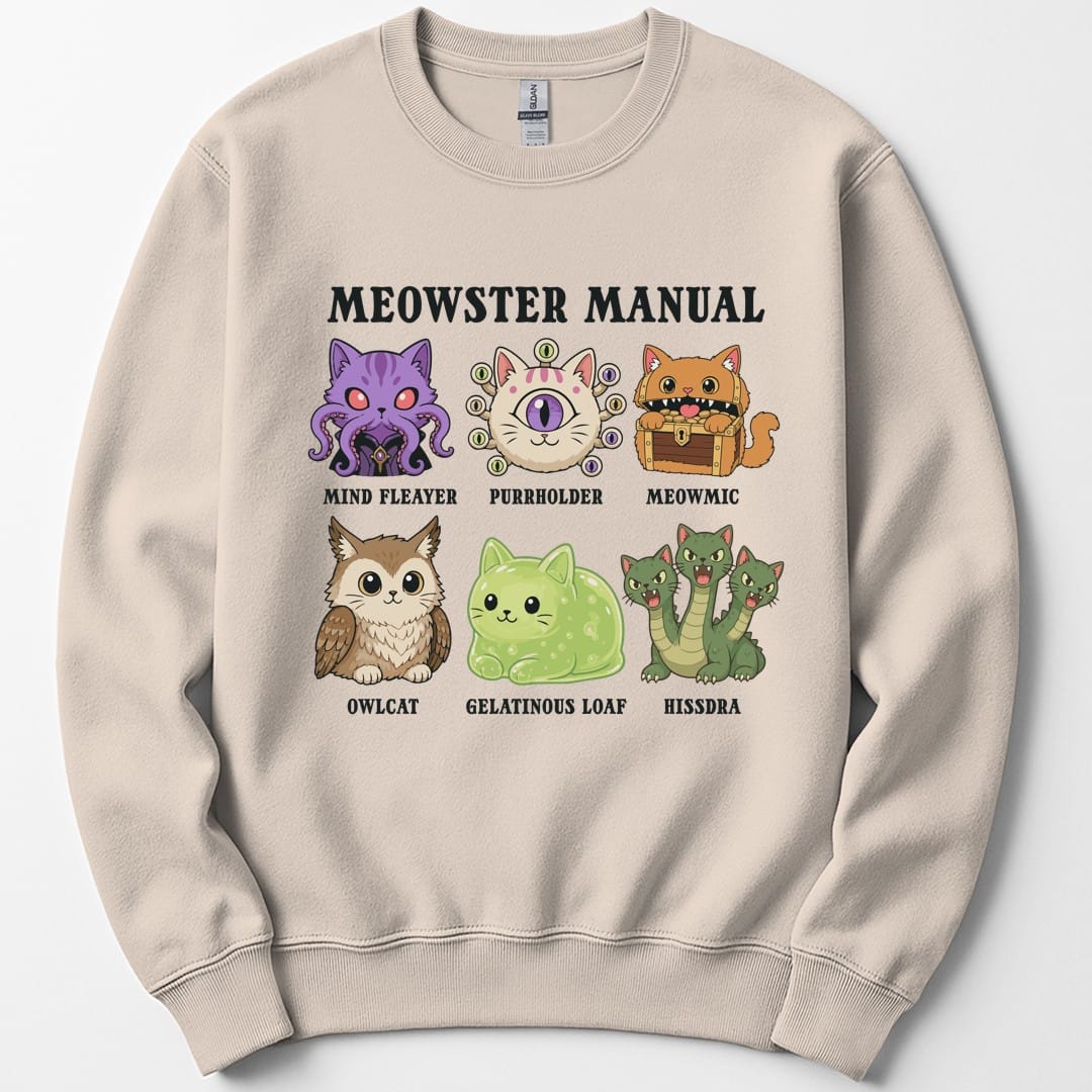 The same Meowster Manual design, on a sand sweatshirt.