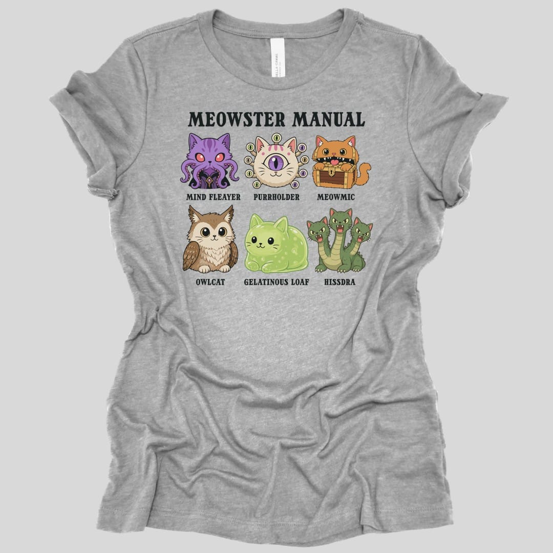 The same Meowster Manual design, on an athletic heather women's t-shirt.