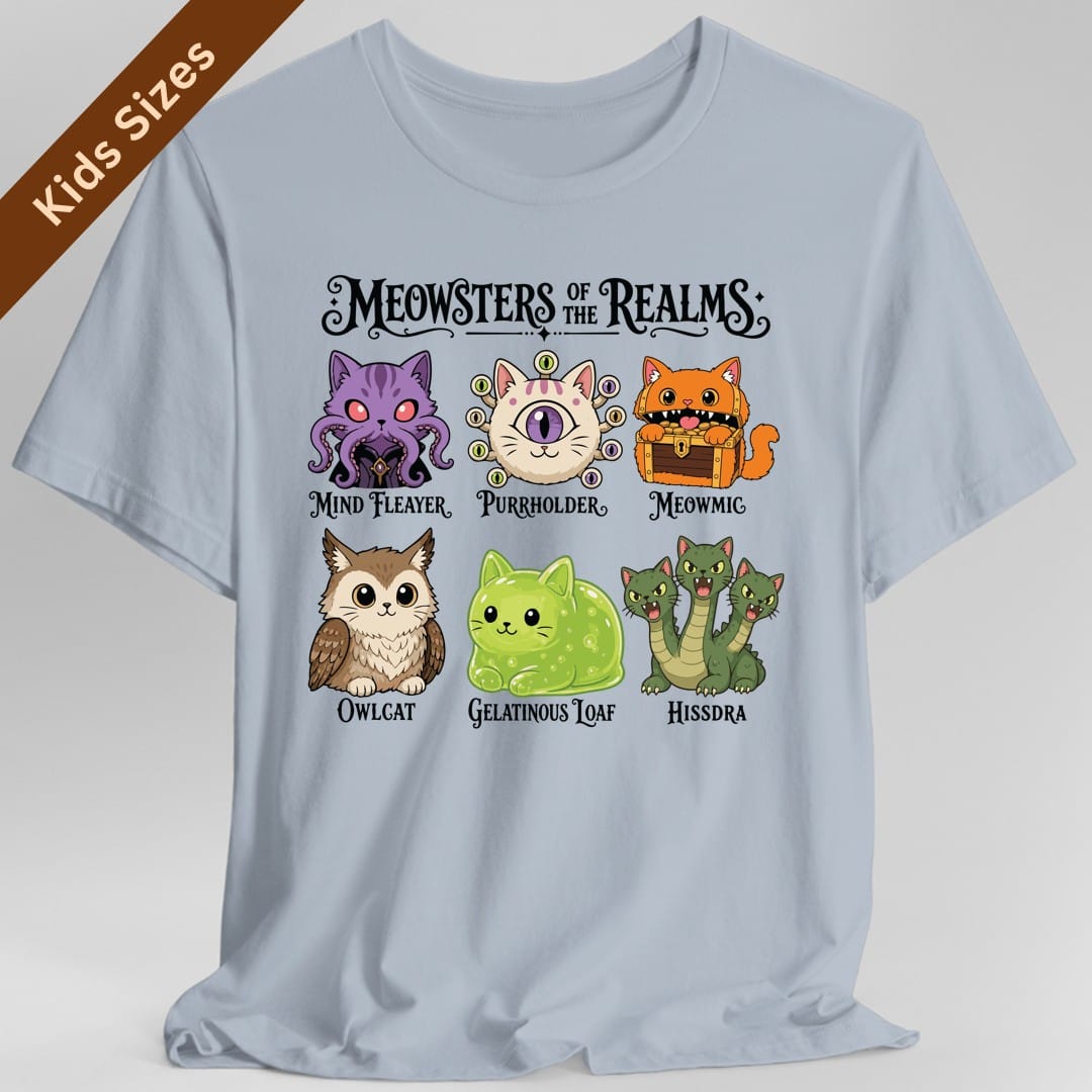 The same Meowsters of the Realms design, on a light blue kids t-shirt.
