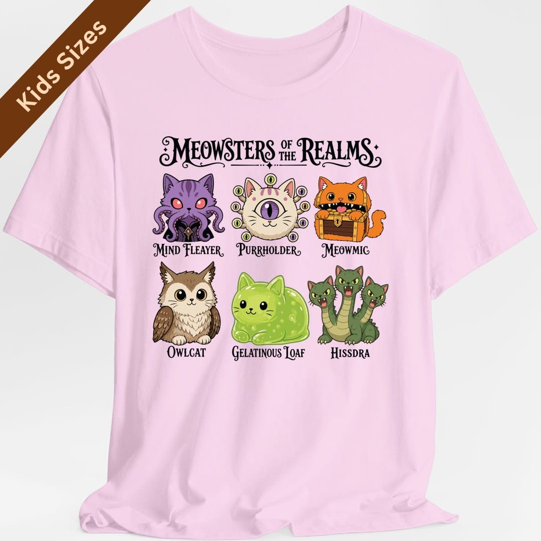 The same Meowsters of the Realms design, on a light pink kids t-shirt.