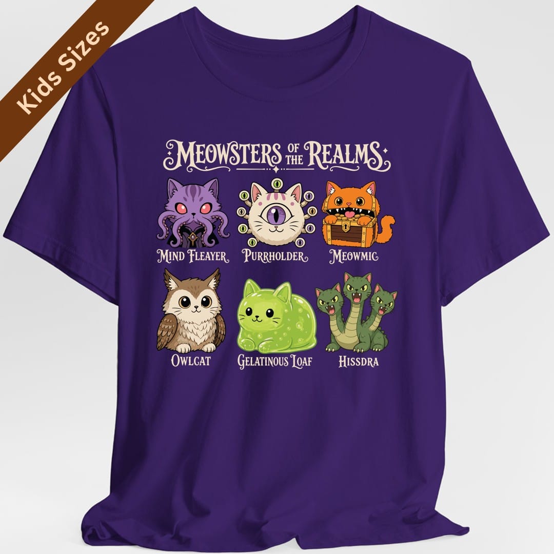 The same Meowsters of the Realms design, on a purple kids t-shirt.