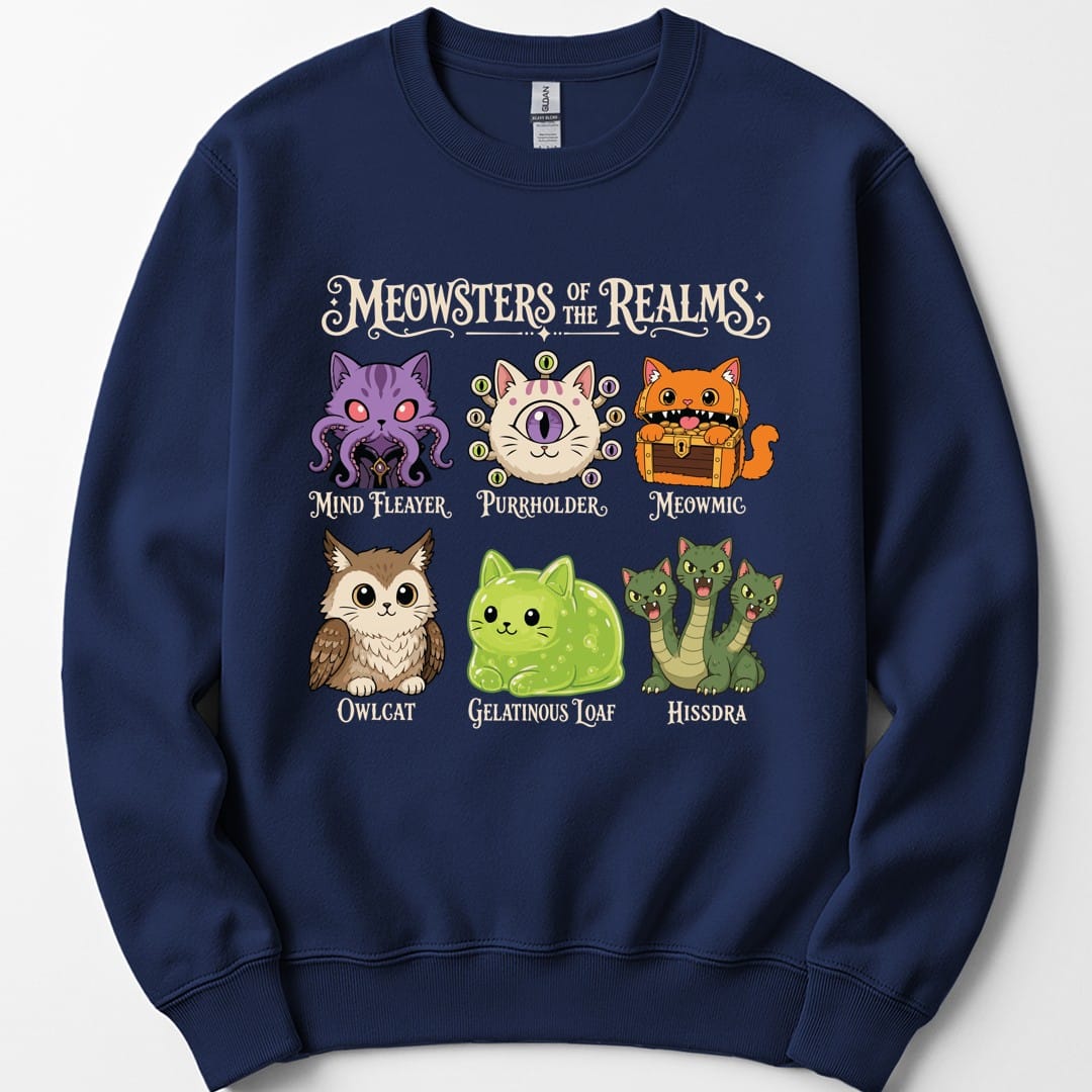 The same Meowsters of the Realms design, on a navy sweatshirt.