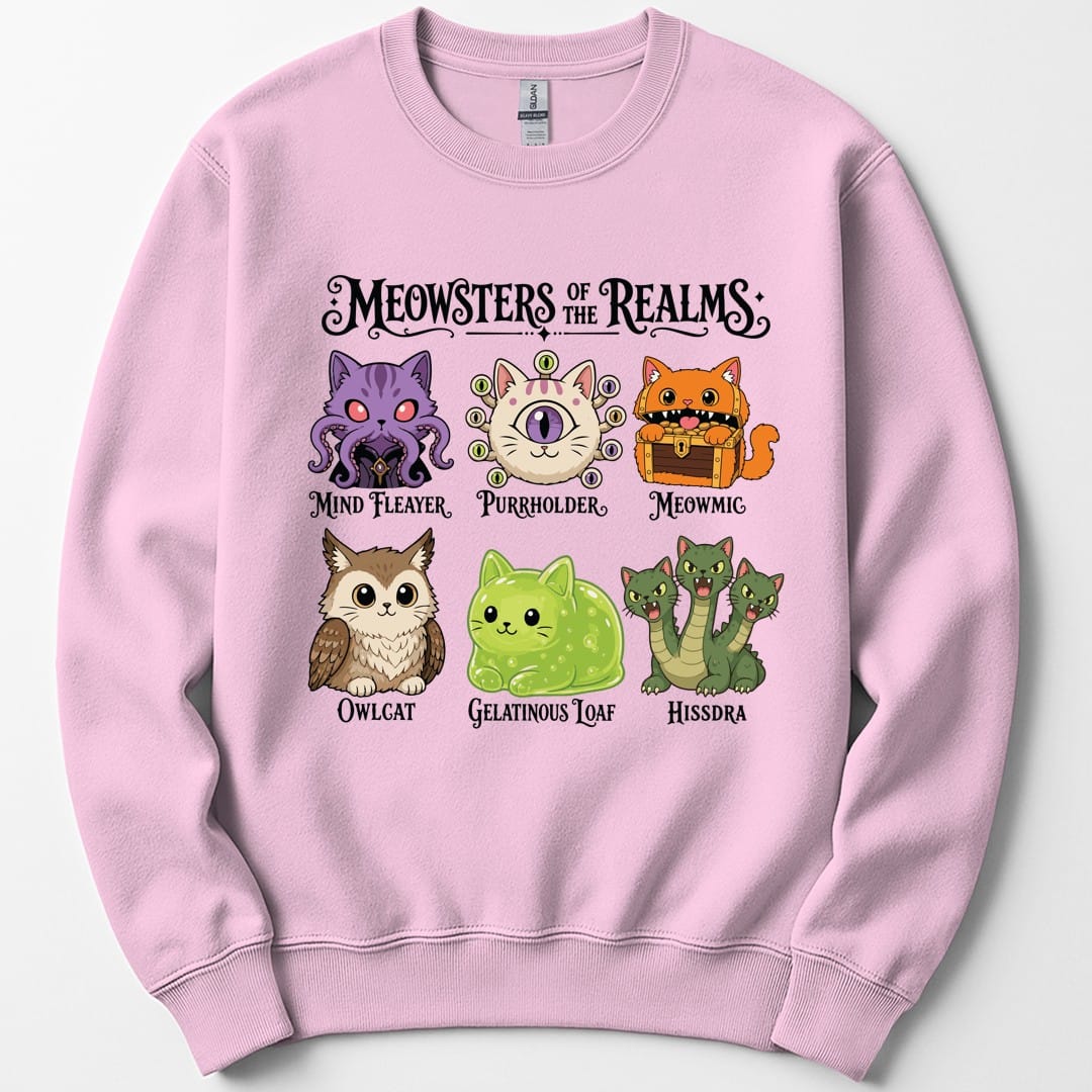 The same Meowsters of the Realms design, on a light pink sweatshirt.