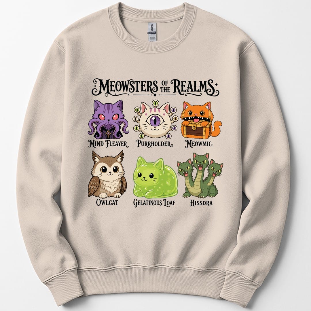 The same Meowsters of the Realms design, on a sand sweatshirt.