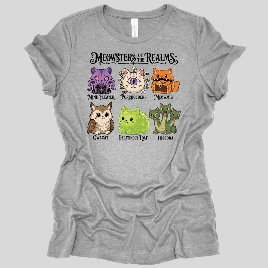 The same Meowsters of the Realms design, on an athletic heather women's t-shirt.