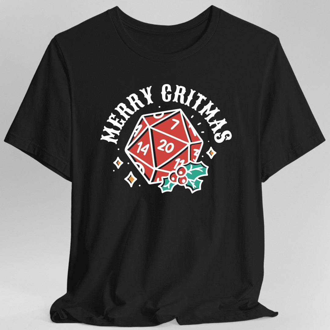 Reads "Merry Critmas" curving across the top in white capitals. Below sits a large red twenty-sided die showing 20, with a sprig of green holly and red berries tucked under one corner and small white sparkles around it.