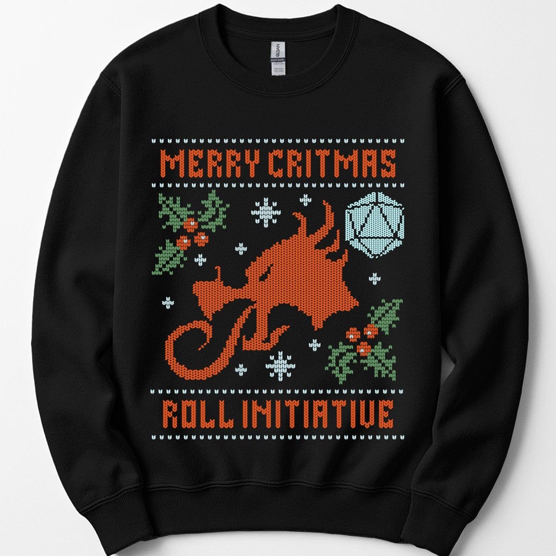 The same Merry Critmas ugly sweater dragon design, on a black sweatshirt.