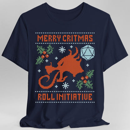Printify T-Shirt Navy / S Merry Critmas Ugly Sweater T-shirt Roll Initiative