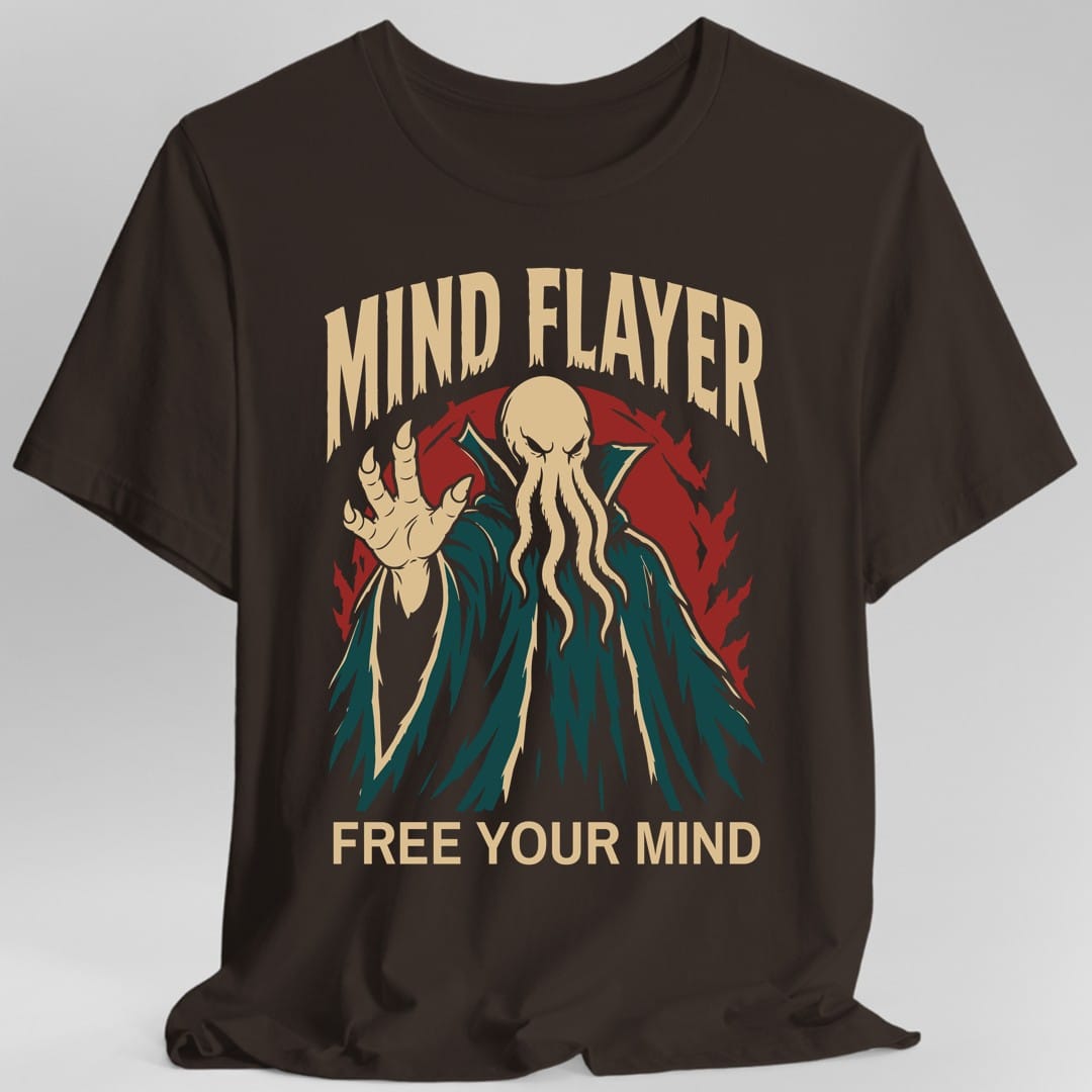 The same Mind Flayer design, on a dark chocolate t-shirt.