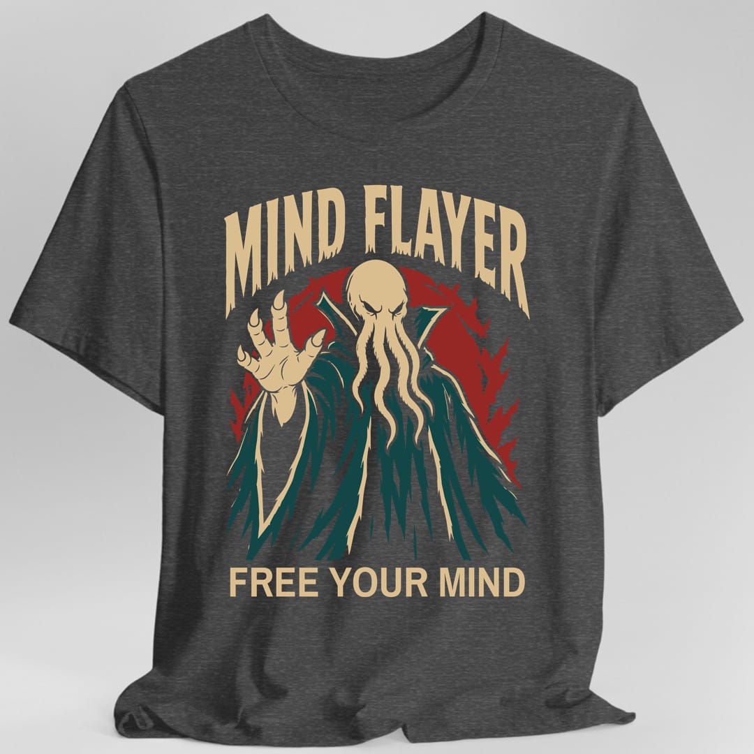 The same Mind Flayer design, on a dark heather t-shirt.