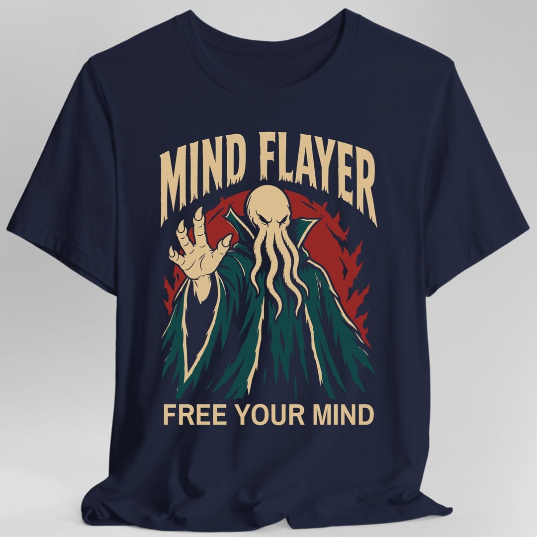 The same Mind Flayer design, on a navy t-shirt.