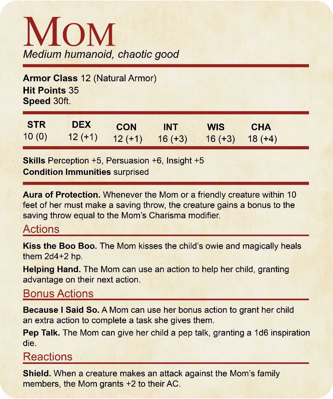 Printify T-Shirt Mom DND Shirt - Funny Stat Block