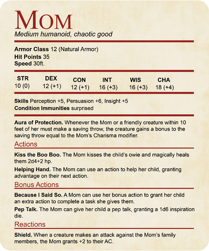 Printify T-Shirt Mom DND Shirt - Funny Stat Block