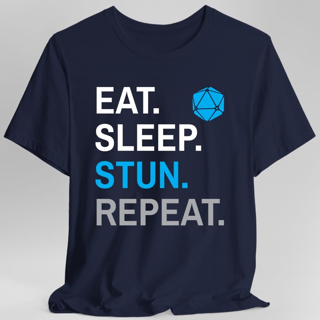 The same Monk Eat Sleep Stun design, on a navy t-shirt.
