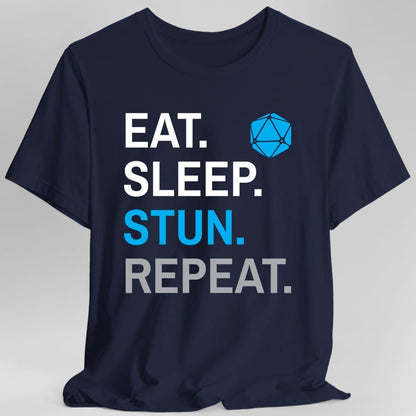 The same Monk Eat Sleep Stun design, on a navy t-shirt.