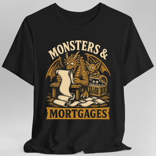 Black t-shirt. The design reads Monsters and Mortgages, the first part arched across the top and the second in black letters on a gold banner below. Between them a wide-eyed dragon at a small table holds a long unrolled bill that spills onto the floor, a goblin with big pointed ears peers over its shoulder in shock, and a treasure chest with teeth and eyes sits beside them. Gold and cream woodcut.