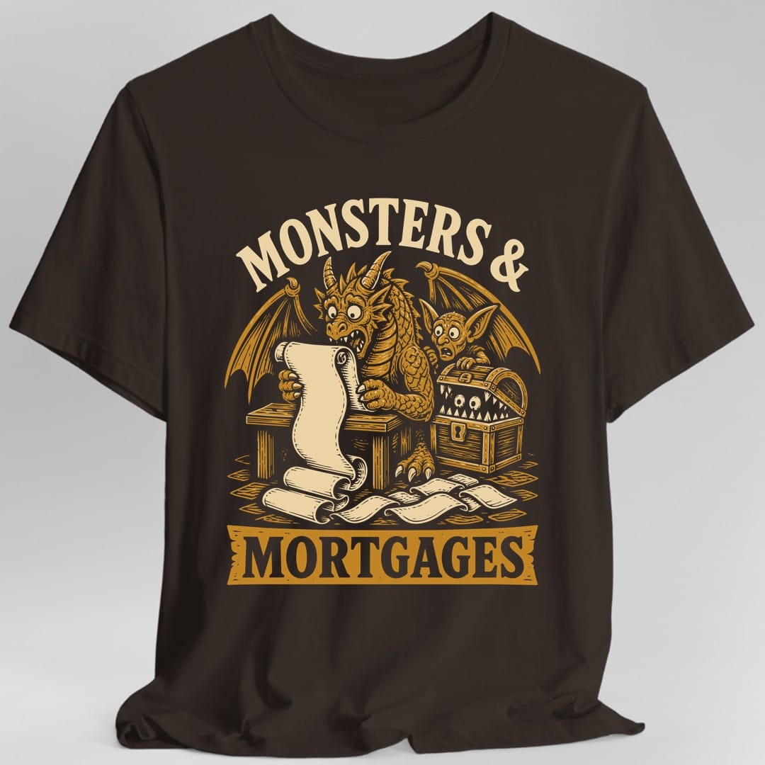 The same Monsters and Mortgages design, on a dark chocolate t-shirt.