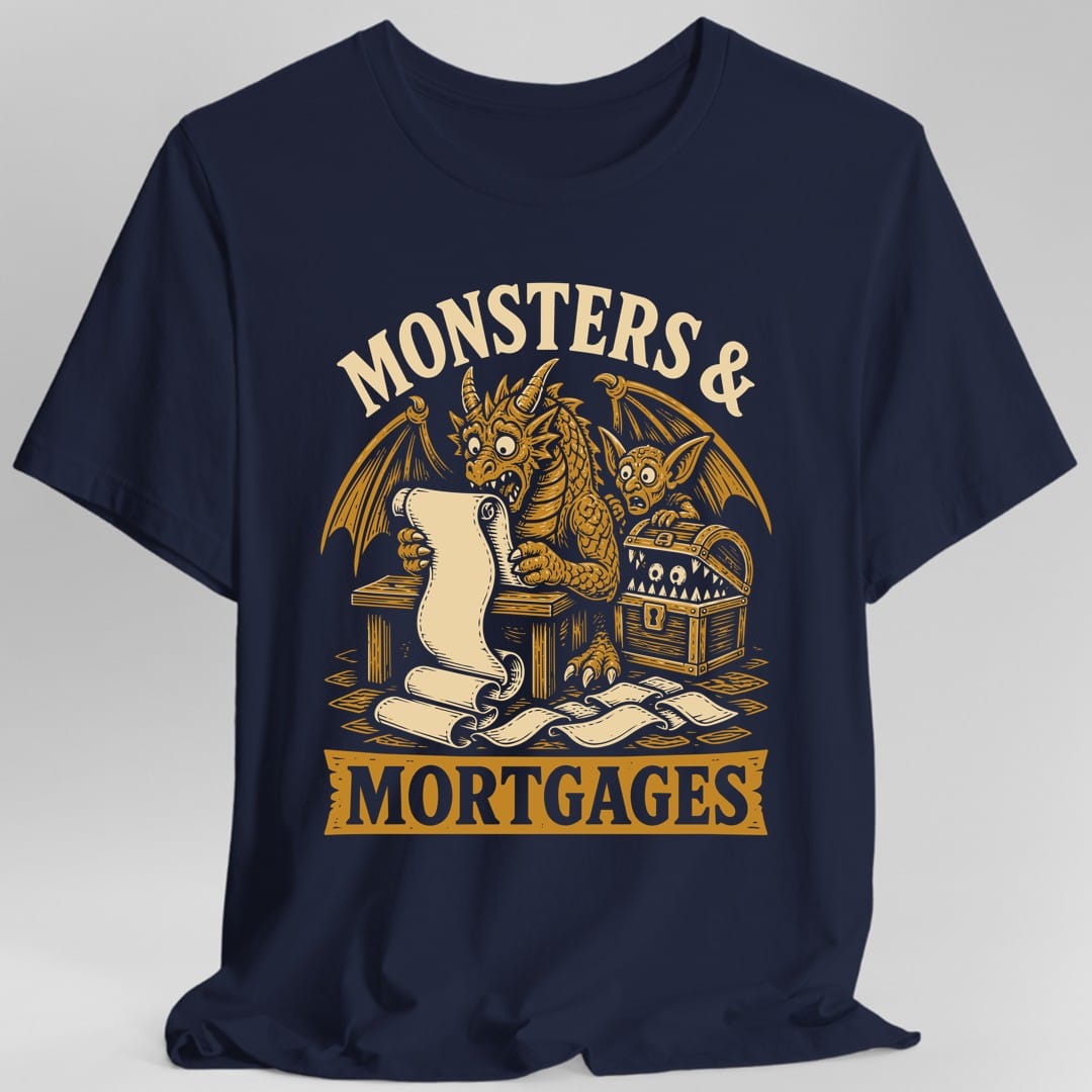The same Monsters and Mortgages design, on a navy t-shirt.