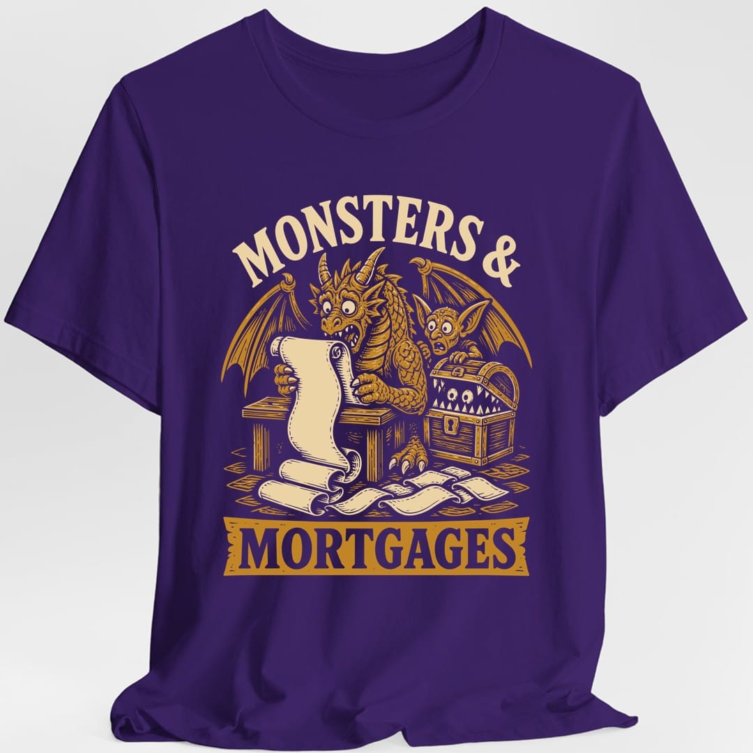 The same Monsters and Mortgages design, on a purple t-shirt.