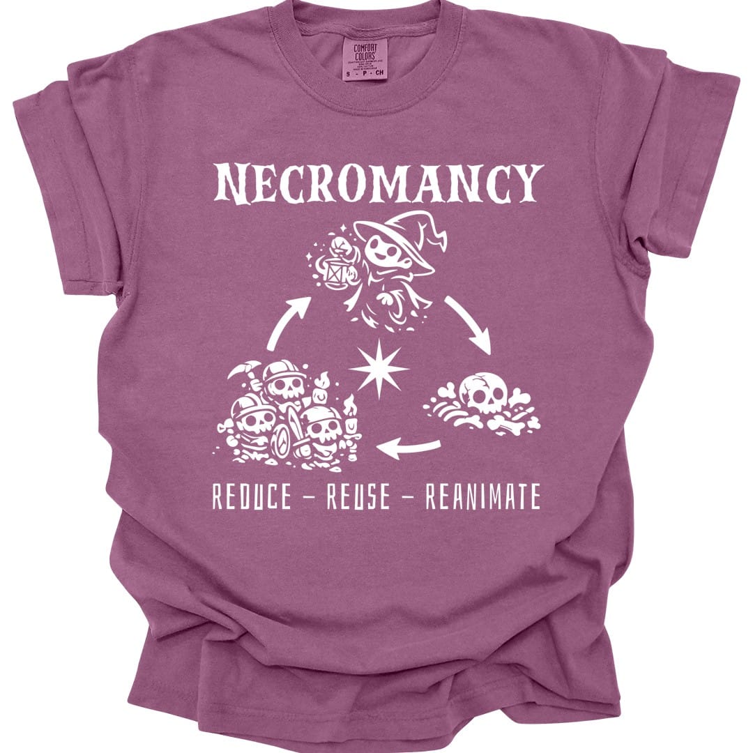 The same Reduce Reuse Reanimate design, on a berry t-shirt.