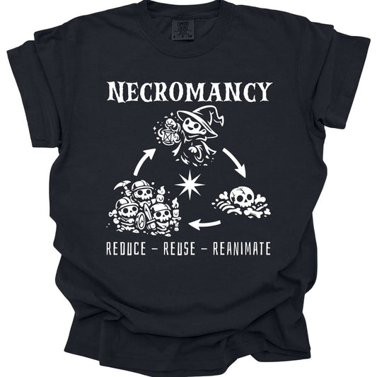 Black t-shirt. Reads "Necromancy" across the top and "Reduce, reuse, reanimate" across the bottom in white capitals. Between them three small scenes sit in a triangle joined by curving arrows: a hooded necromancer casting, a group of skeletons carrying jars, and a pile of bones. Fine white line work.