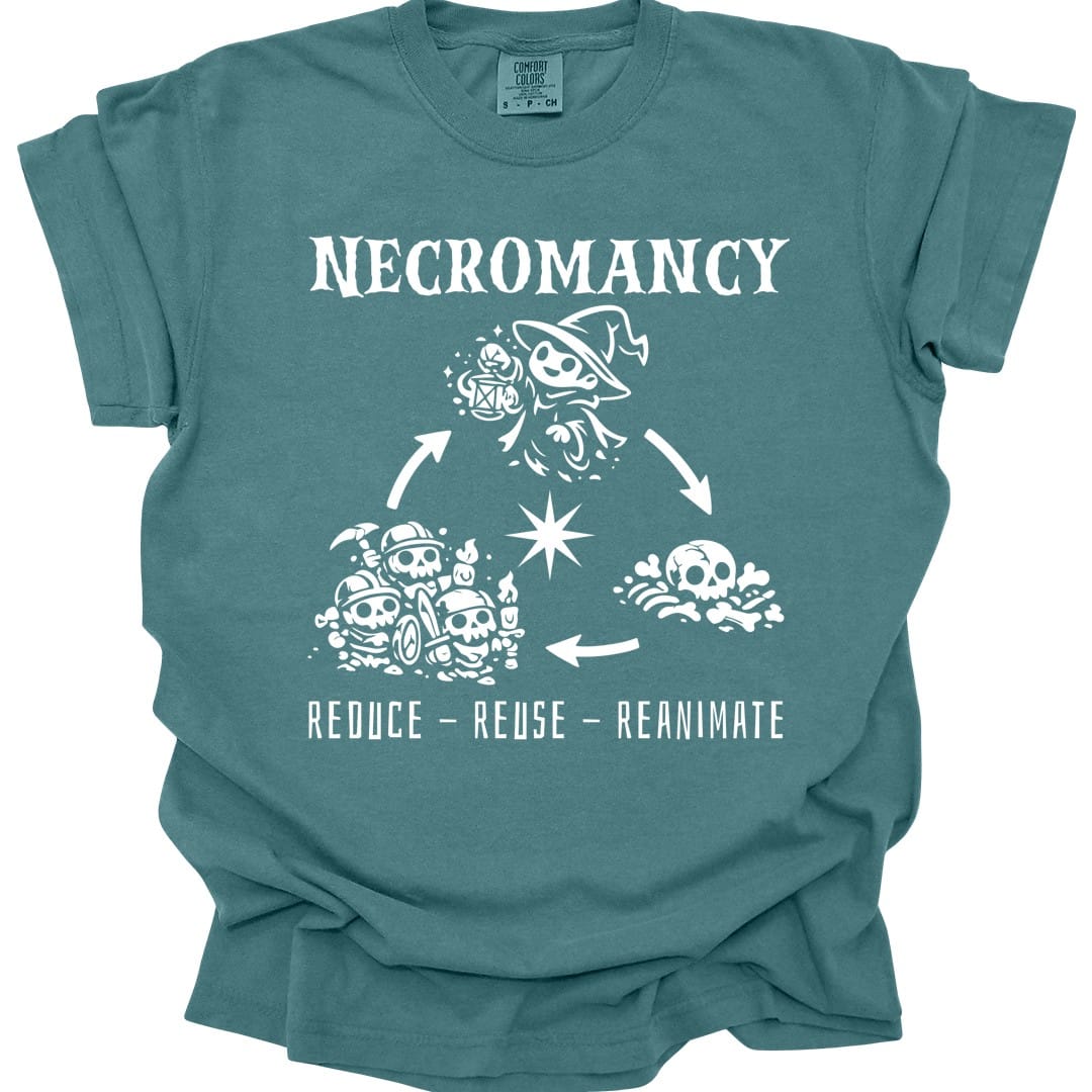 The same Reduce Reuse Reanimate design, on a blue spruce t-shirt.