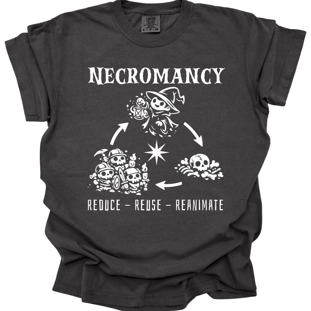 The same Reduce Reuse Reanimate design, on a pepper t-shirt.