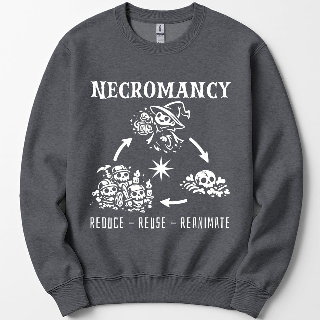 The same Reduce Reuse Reanimate design, on a dark heather sweatshirt.