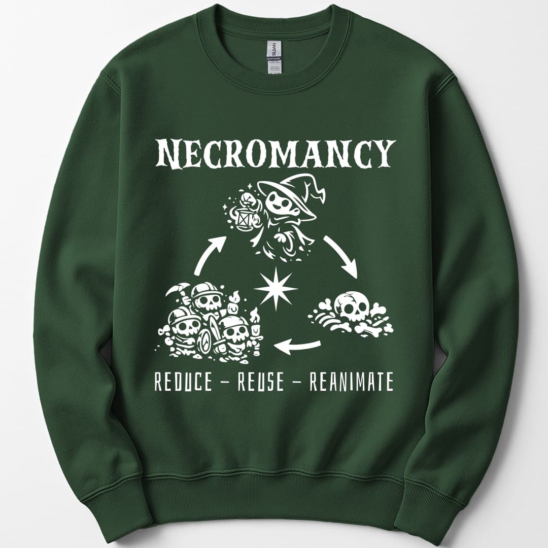 The same Reduce Reuse Reanimate design, on a forest green sweatshirt.