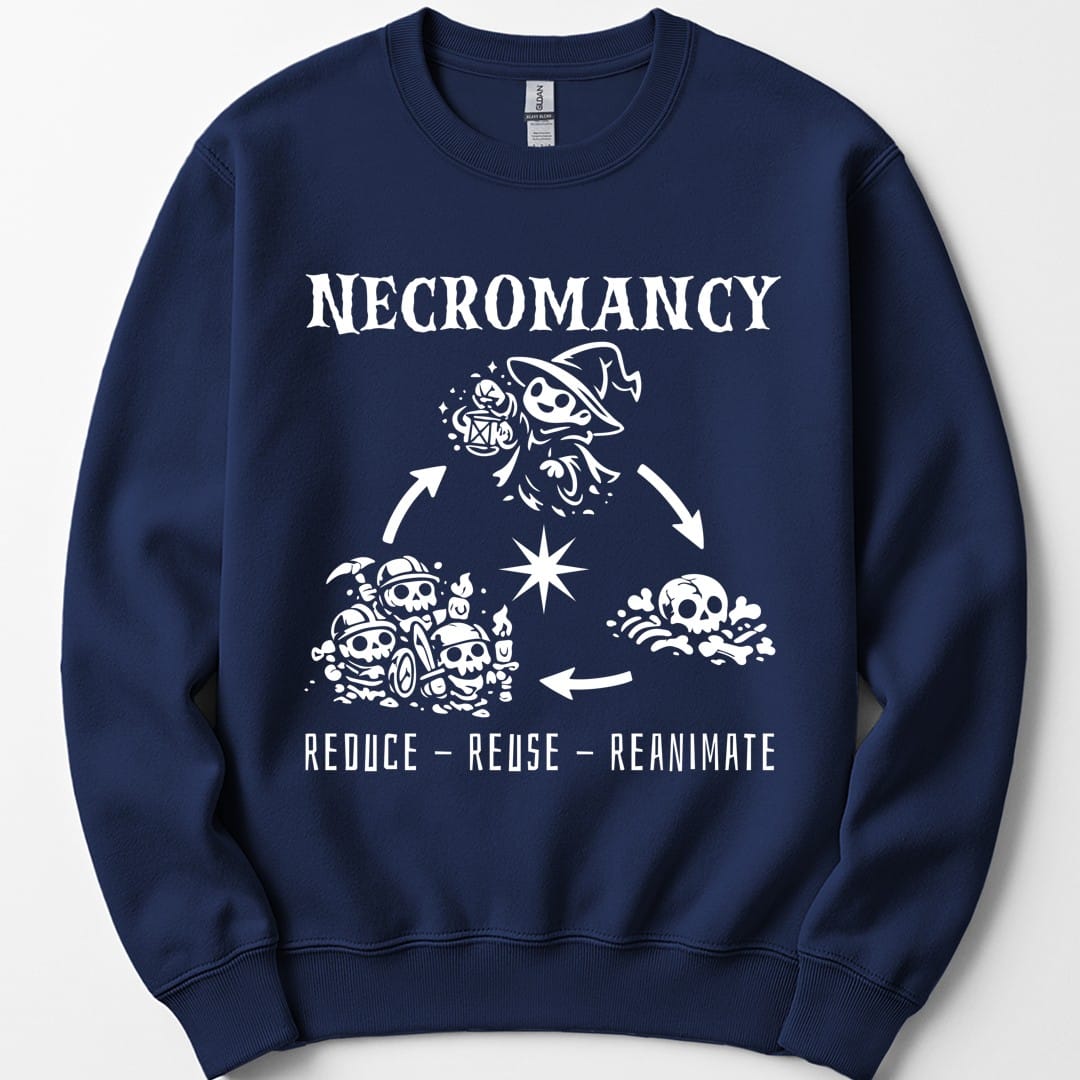 The same Reduce Reuse Reanimate design, on a navy sweatshirt.