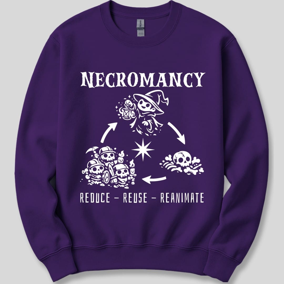 The same Reduce Reuse Reanimate design, on a purple sweatshirt.