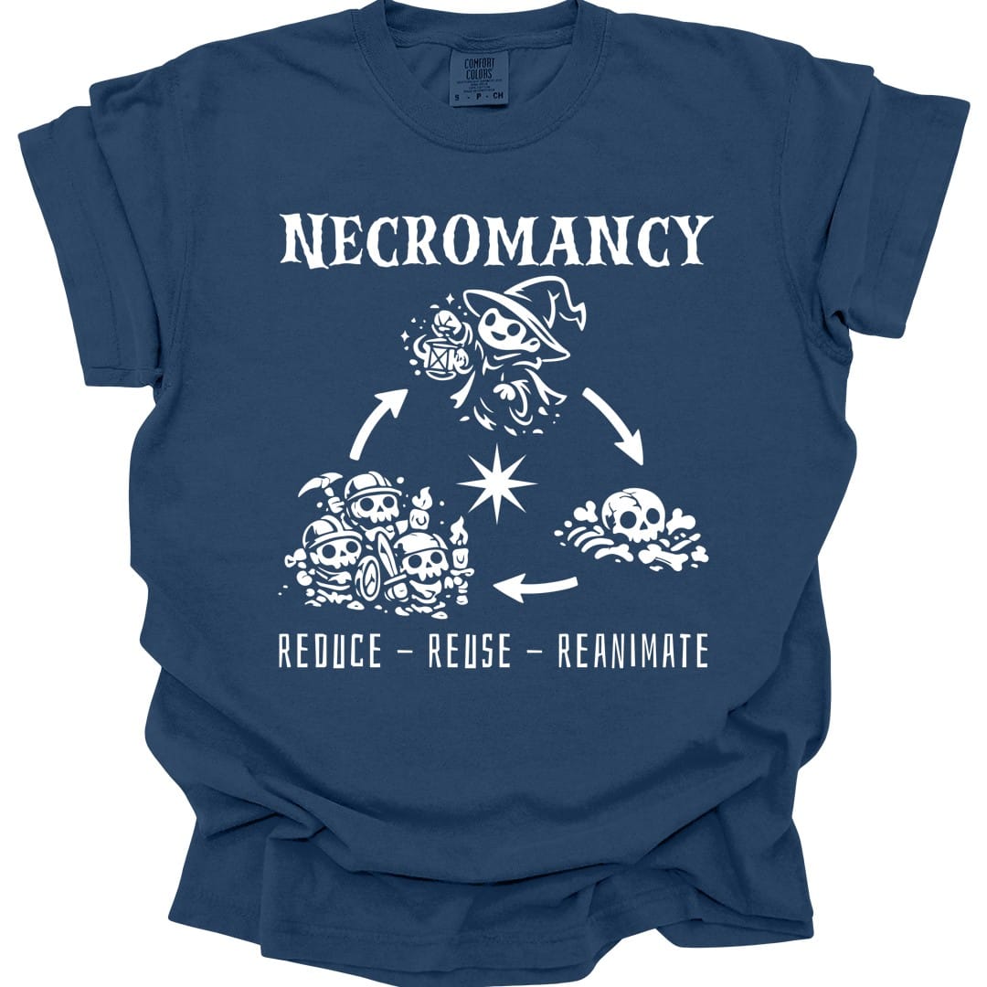 The same Reduce Reuse Reanimate design, on a true navy t-shirt.