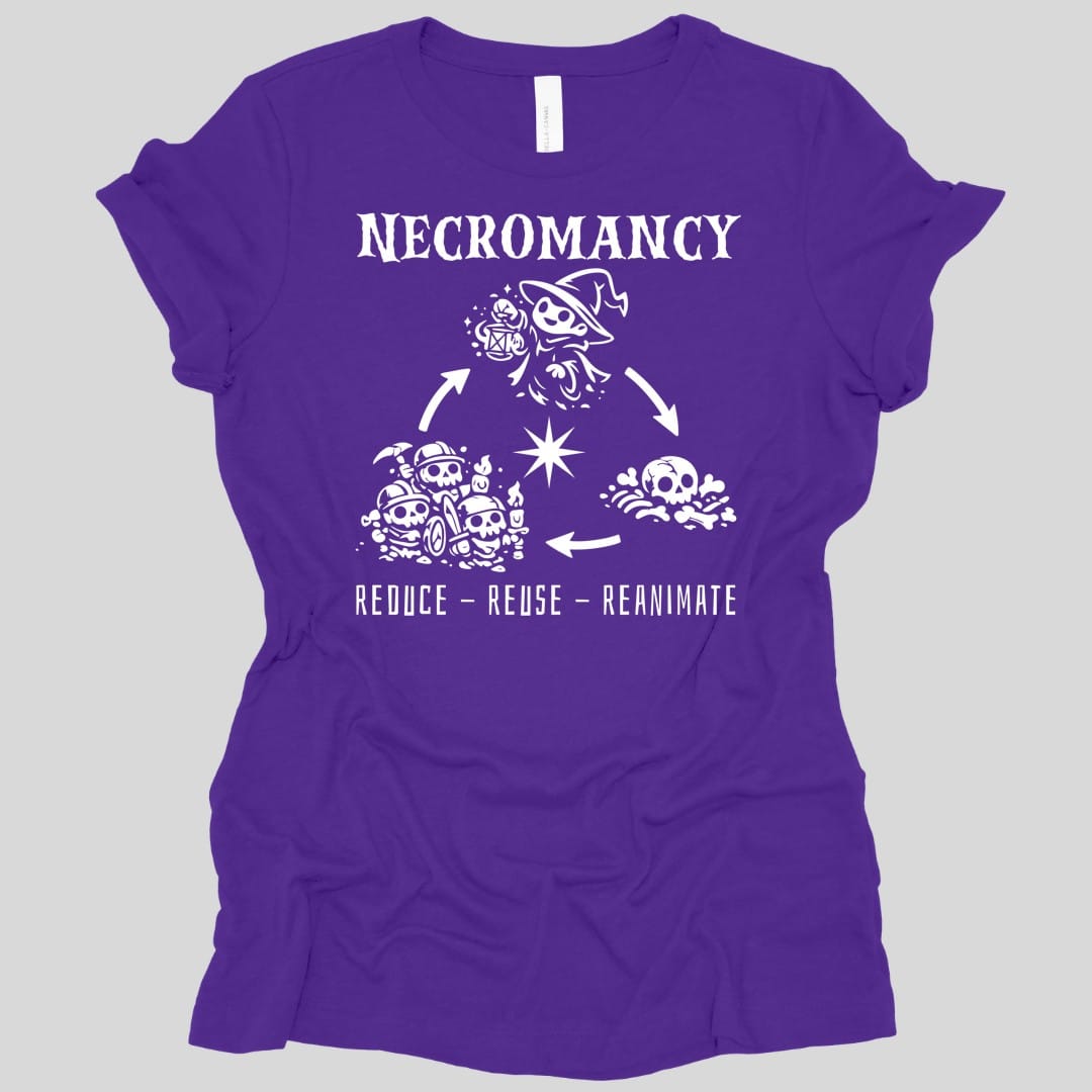 The same Reduce Reuse Reanimate design, on a team purple women's t-shirt.