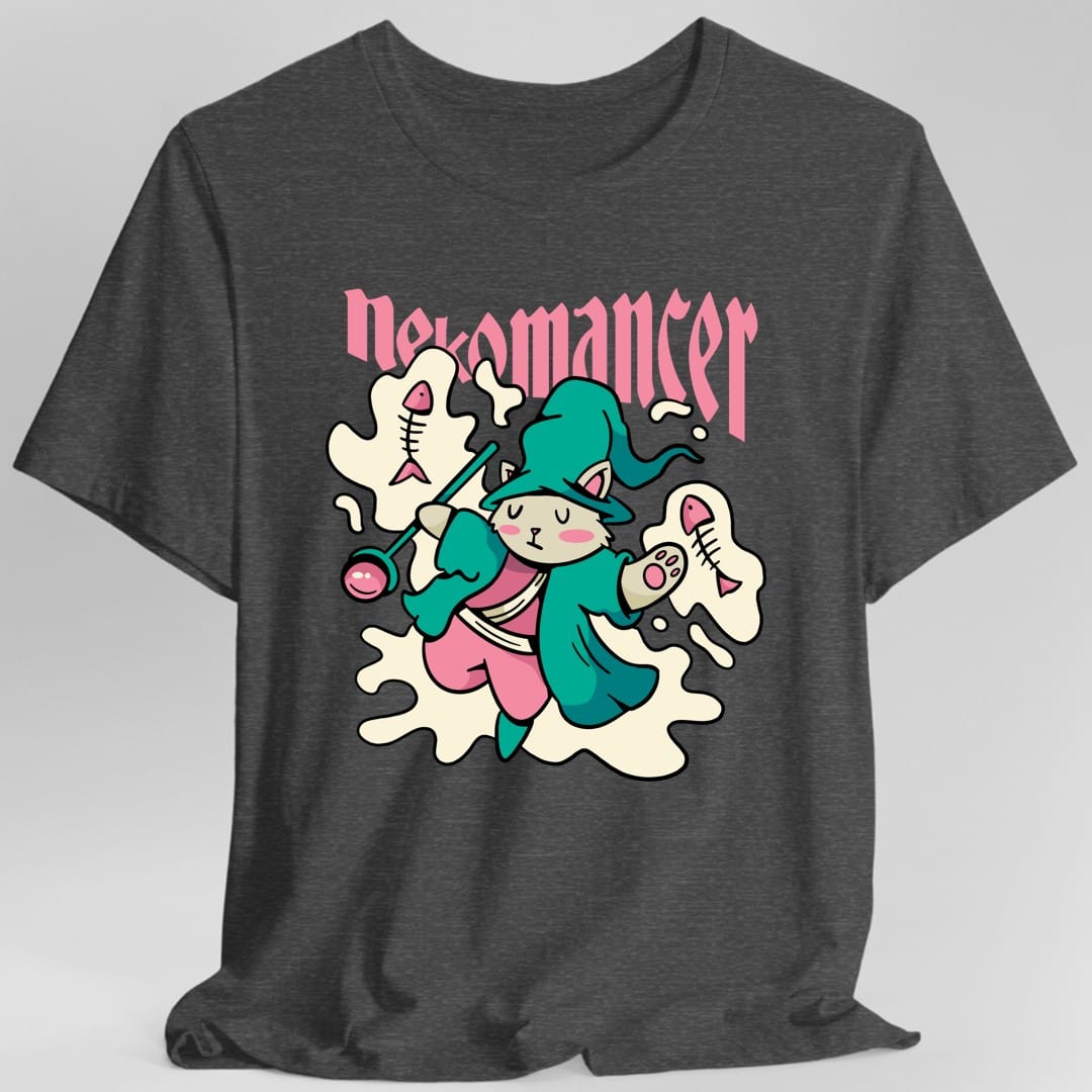 The same Nekomancer cat design, on a dark heather t-shirt.