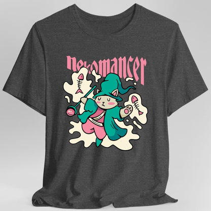 The same Nekomancer cat design, on a dark heather t-shirt.