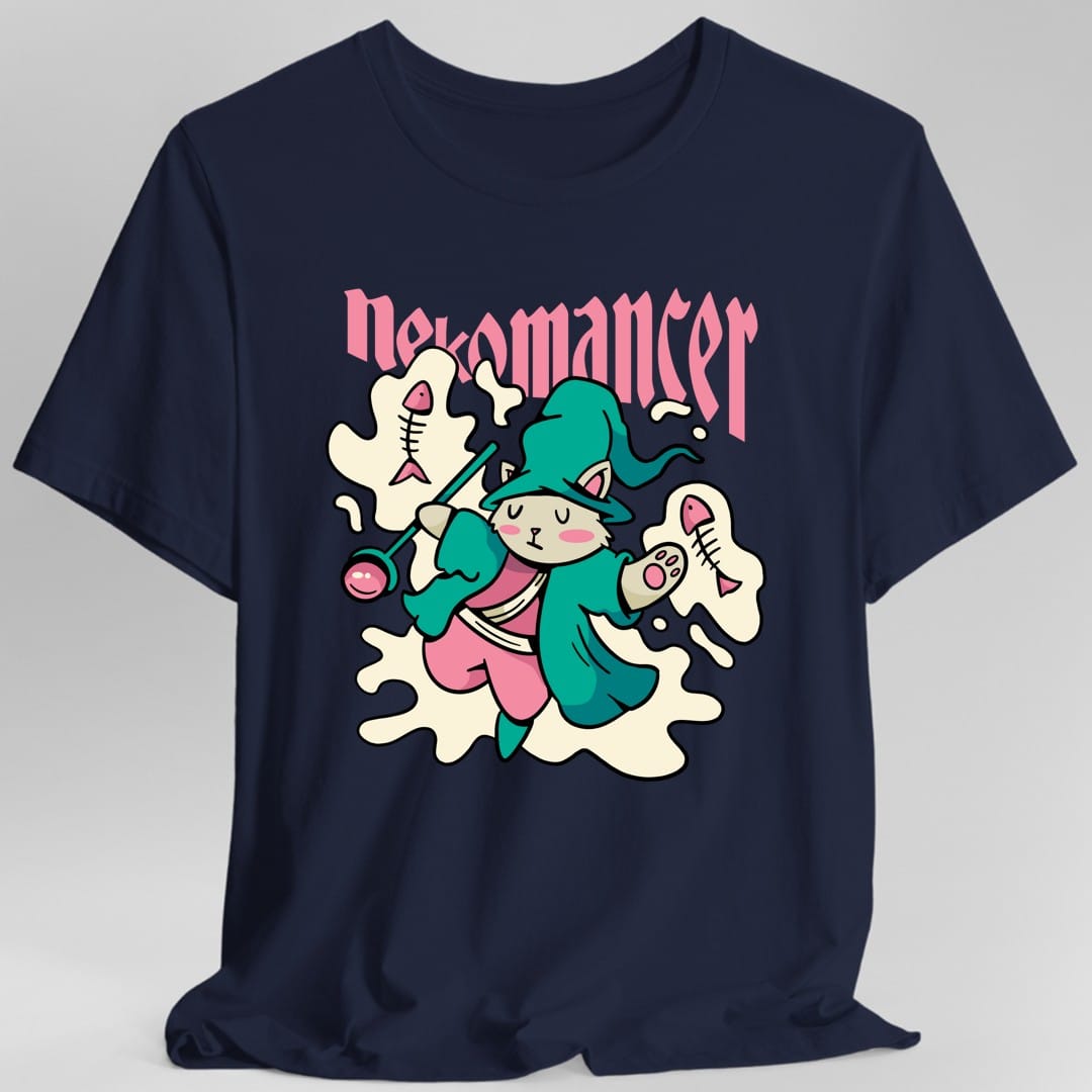 The same Nekomancer cat design, on a navy t-shirt.