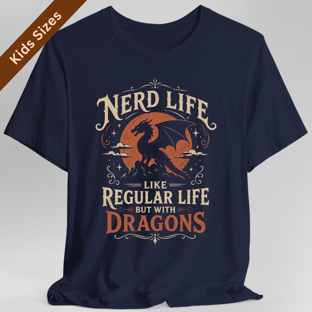 The same Nerd Life design, on a navy kids t-shirt.