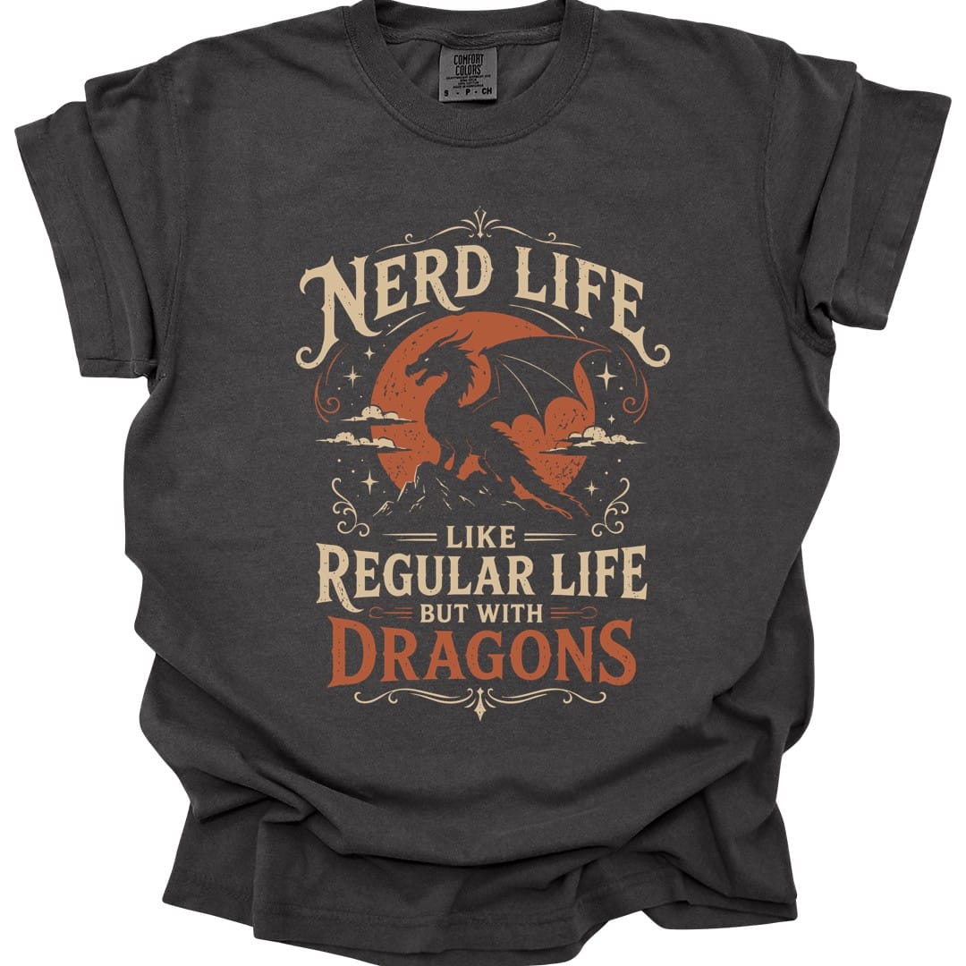 The same Nerd Life design, on a pepper t-shirt.