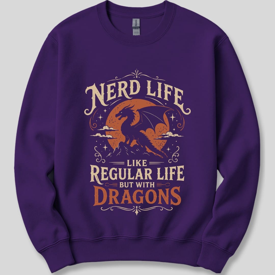The same Nerd Life design, on a purple sweatshirt.
