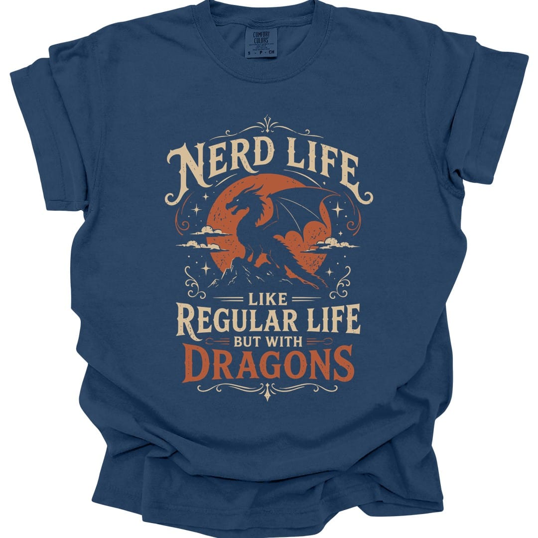 The same Nerd Life design, on a true navy t-shirt.