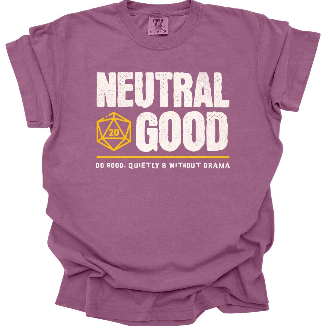 The same Neutral Good alignment design, on a berry t-shirt.