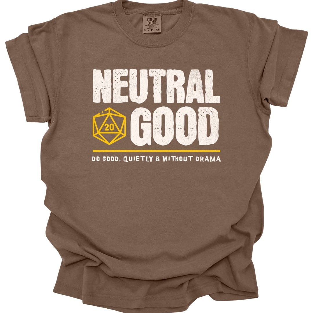 The same Neutral Good alignment design, on an espresso t-shirt.