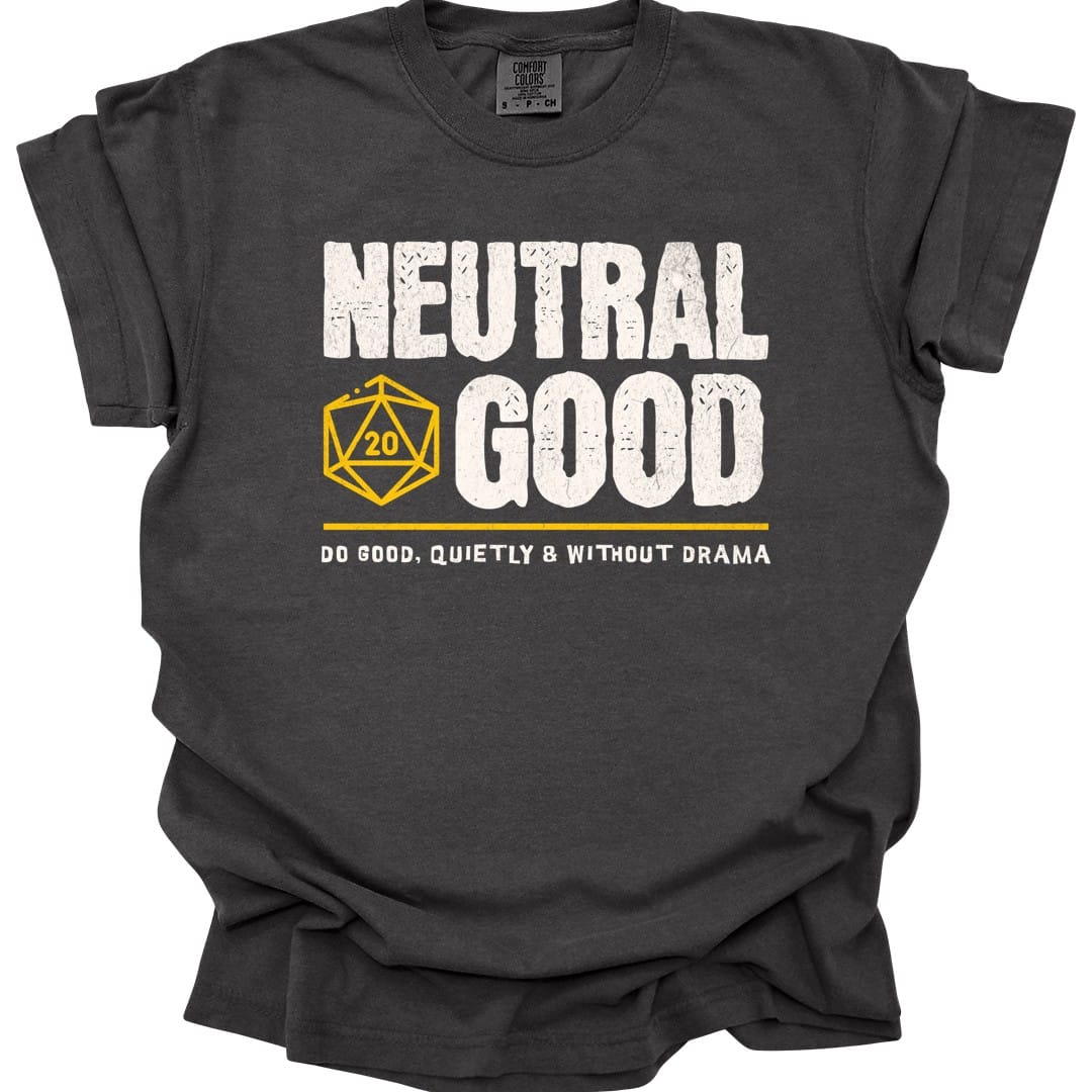 The same Neutral Good alignment design, on a pepper t-shirt.