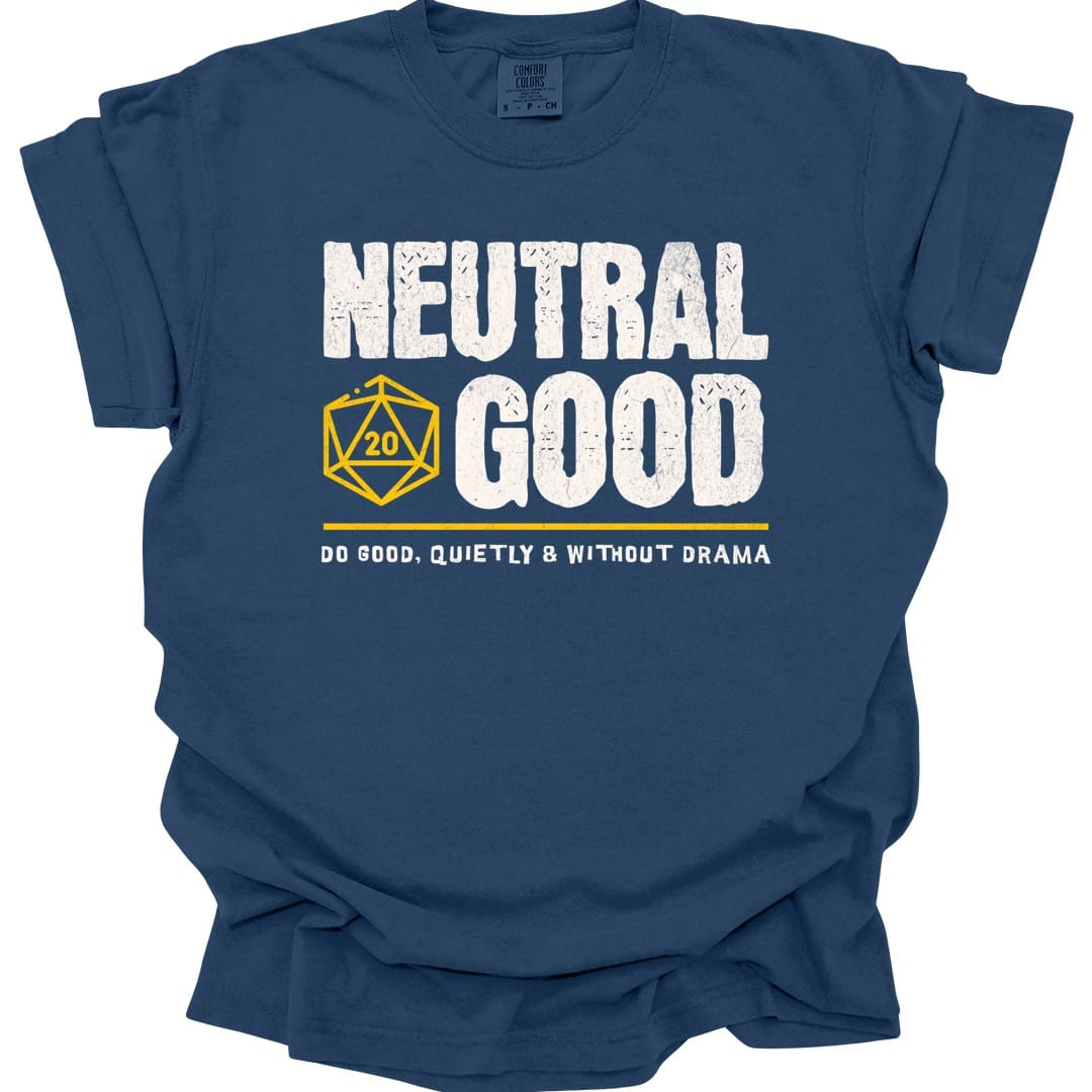 The same Neutral Good alignment design, on a true navy t-shirt.