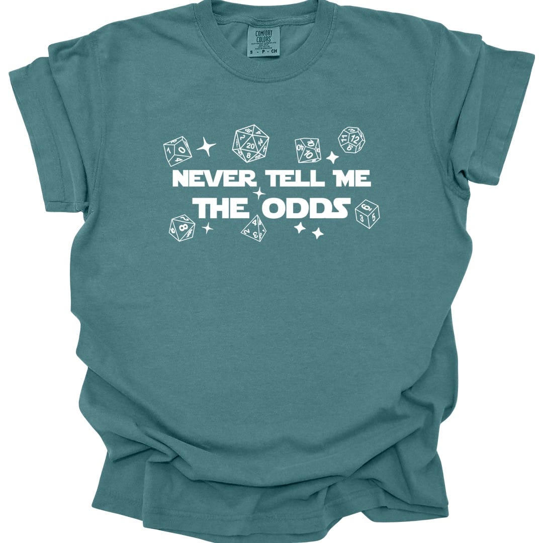 The same Never Tell Me The Odds design, on a blue spruce t-shirt.