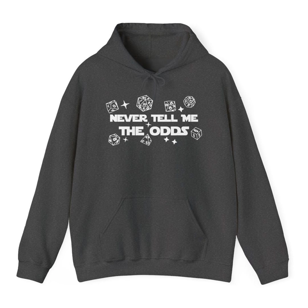 The same Never Tell Me The Odds design, on a dark heather hoodie.