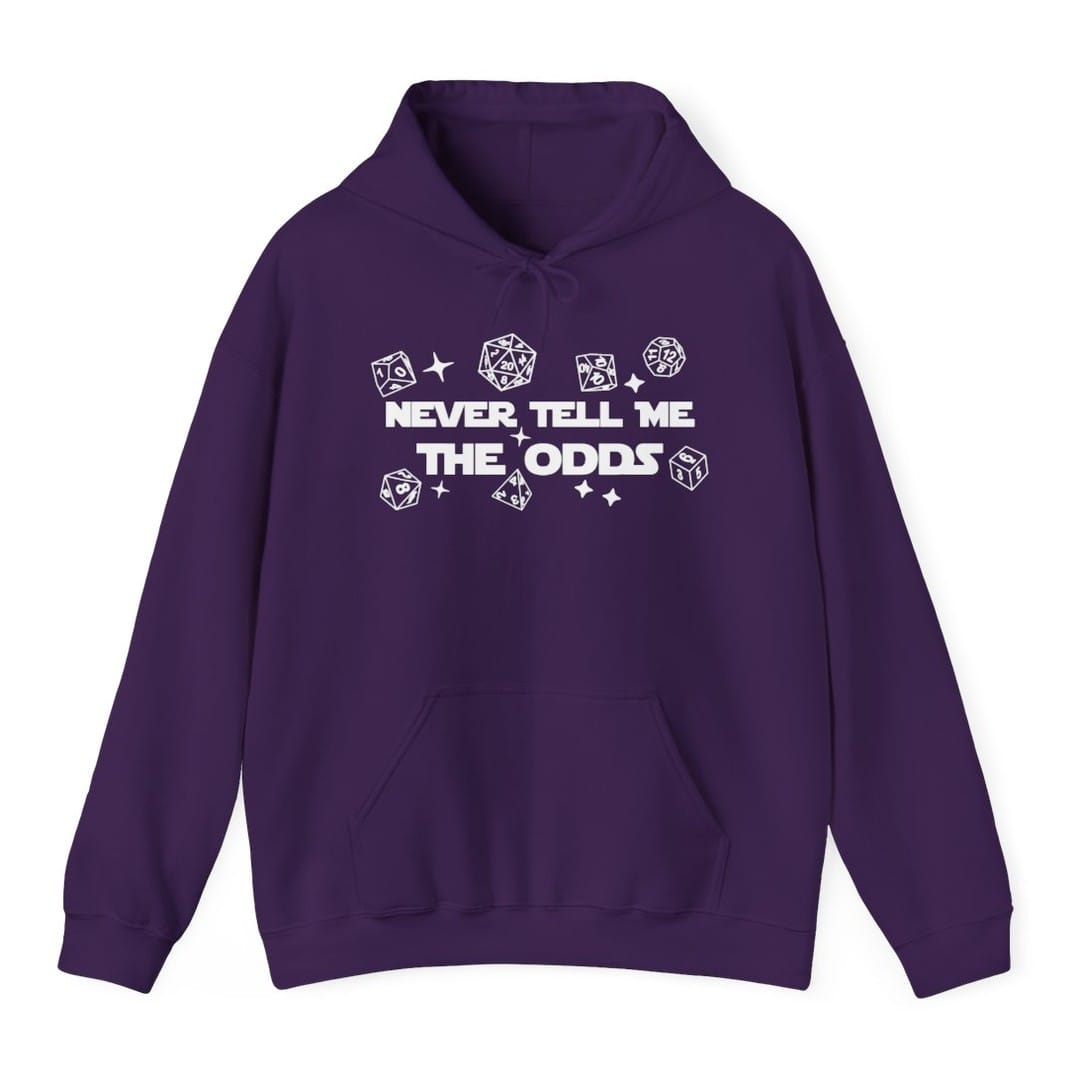 The same Never Tell Me The Odds design, on a purple hoodie.