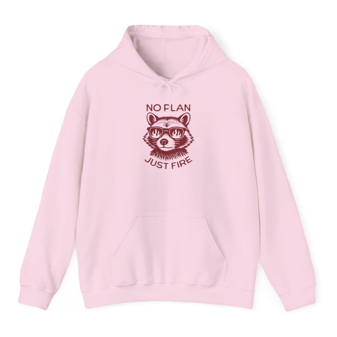 The same No Plan Just Fire raccoon design, on a light pink hoodie.