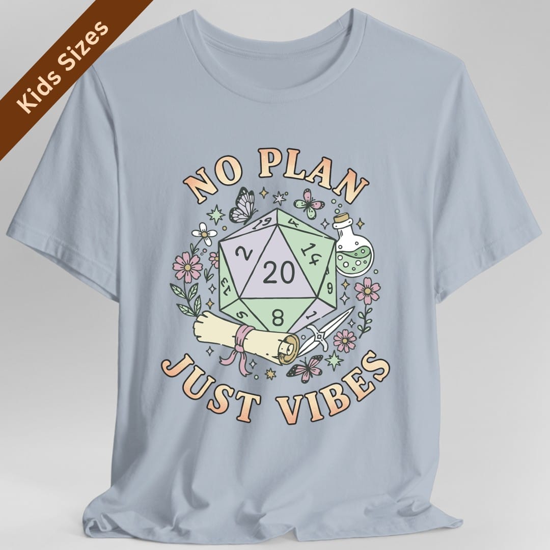 The same No Plan Just Vibes design, on a light blue kids t-shirt.